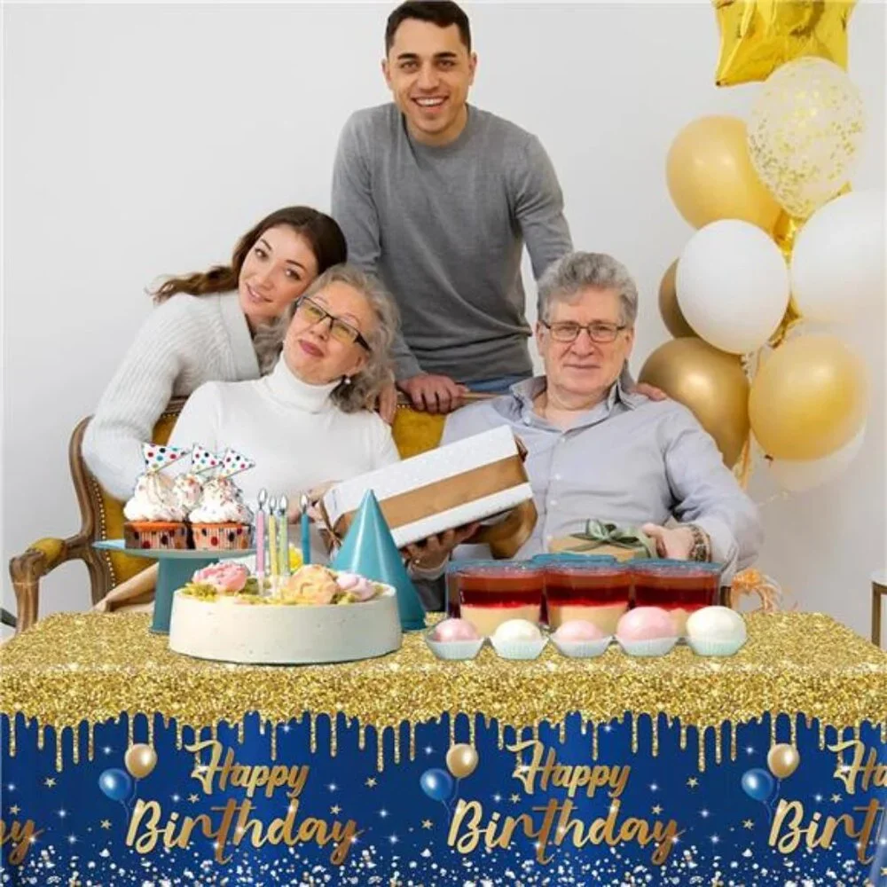 Happy Birthday Tablecloth 3 Pack Navy Blue Gold Party Table Covers for Adults